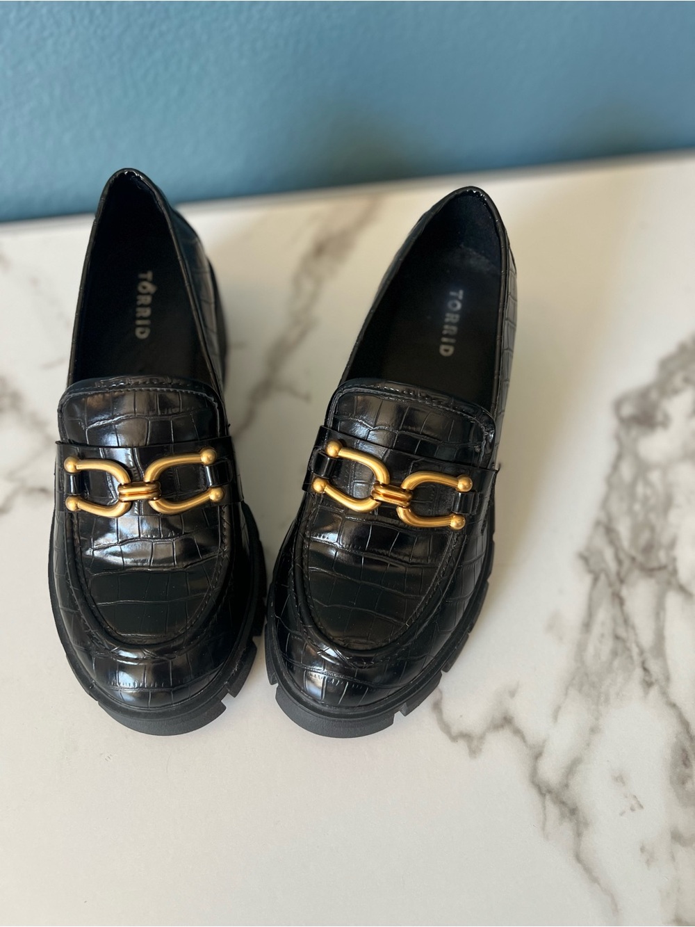 Women’s Torrid Chunky Black Croc-Embossed Loafers with Gold Bit Hardware - Picture 2 of 7